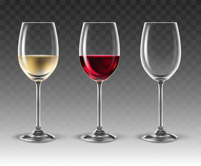 Two transparent glasses for wine,  3D vector. High detailed realistic illustration.