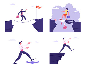 Set of Business People in Dangerous Crisis Situations Going to Abyss, Step to Trap, Running over Head of Colleague. Careerist Businesswoman Goal Achievement Concept Cartoon Flat Vector Illustration