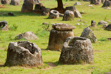 Ancient stone jars in a Plain of Jars (Site #1) near Phonsavan, Xienghouang province, Laos..