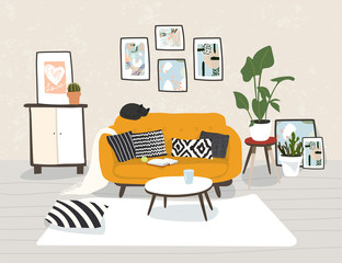 Modern home interior in trendy scandinavian hugge design. Beautiful Nordic style apartment. Living room with sofa, furniture, flowers. Vector illustration