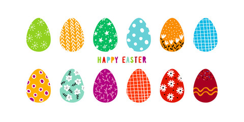 Fototapeta na wymiar Happy Easter. Banner with decorated Easter eggs. Set of multicolored decorated festive design elements. Flat vector illustration