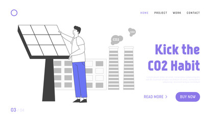 Green Energy Environment Website Landing Page. Man Set Up Solar Panel near Factory with CO2 Gas Evolving from Pipes. Renewable Power of Sun, Web Page Banner. Cartoon Flat Vector Illustration, Line Art