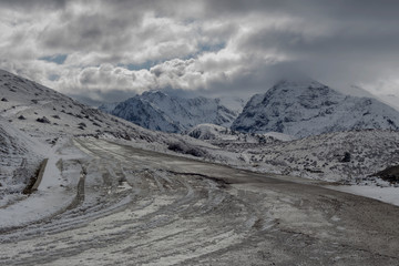 Country road in the highlands (Greece, Peloponnese) on a winter, snowy day