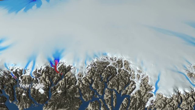 Animation of the Jakobshavn glacier in Greenland. Most pessimist simulated ice sheet response scenarios for 2300. Simulation of the future prevision of the worst scenario with raising of the CO2 emiss