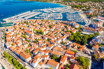 Croatia, aerial view of the town of Biograd, marina and historic town center, beautiful Adriatic seascape, tourist destination