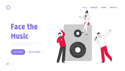 Happy Friends Having Fun Singing at Karaoke Bar or Night Club Website Landing Page. People with Great Mood Having Party in Modern Nightclub Web Page Banner. Cartoon Flat Vector Illustration, Line Art