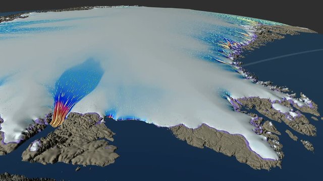 Animation of the Jakobshavn glacier in Greenland ice melting due to global warming. Simulation of the future prevision of the worst scenario with raising of the CO2 emissions