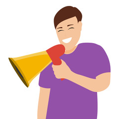 Man speaks in a sound megaphone isolated on white