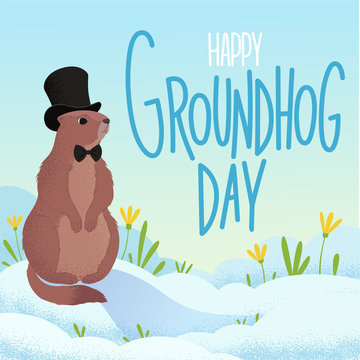 Groundhog Day poster, festive decoration. Background with a marmot depicted on it standing in a meadow in spring
