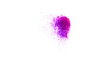 purple glitter powder and sand color splash or burst isolated on white