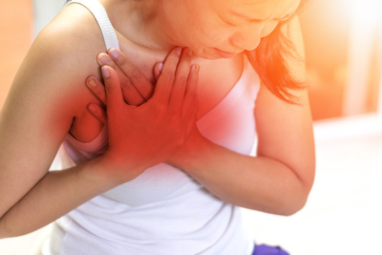 Woman's hand on chest with red spot as suffering on chest pain. Female suffer from heart attack,Lung Problems,Myocarditis, heart burn,Pneumonia or lung abscess, pulmonary embolism day