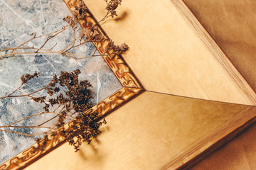 Corner of golden decorative frame for a painting and dried flower. Home decor, picture framing concept.