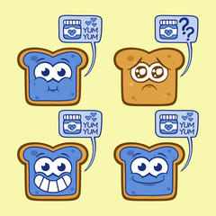 Cute cartoon breakfast lunch toast and blueberry jam kawaii set emotion  