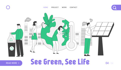 Save Planet Environment Website Landing Page. Characters Care of Plants, Throwing Trash to Recycling Litter Bins, Set Up Solar Panels Web Page Banner. Cartoon Flat Vector Illustration, Line Art