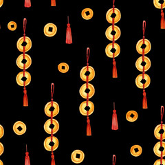 Watercolor background oriental Chinese New Year elements, lights. Seamless watercolor pattern. Hand-drawn watercolor illustration of the chinese lanterns on the black background.