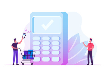 Man Buyer Holding Smartphone with Application for Online Payment Pushing Trolley with Purchases to Cashier Desk with Salesman Prepare Pos Terminal for Cashless Paying Cartoon Flat Vector Illustration