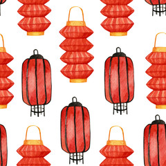 Watercolor background oriental Chinese New Year elements, lights. Seamless watercolor pattern. Hand-drawn watercolor illustration of the chinese lanterns on the white background.