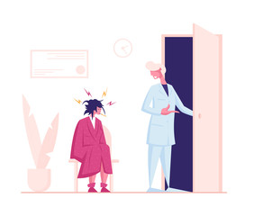 Haggard Woman in Robe with Thermometer in Mouth Sitting in Clinic or Hospital Hall Waiting Appointment. Doctor Invite Patient for Health Care Treatment in his Office. Cartoon Flat Vector Illustration