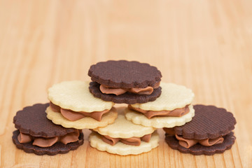 two colors sandwich biscuits, brown and white
