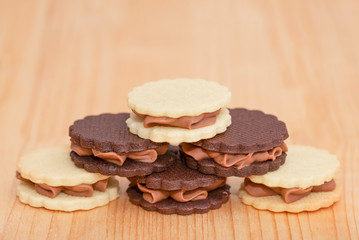 two colors sandwich biscuits, brown and white