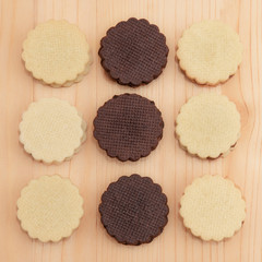 two colors sandwich biscuits, brown and white