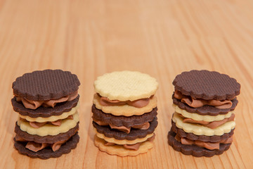 two colors sandwich biscuits, brown and white