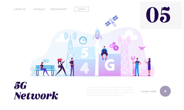 5g and 4g Network Wireless Technology Website Landing Page. People at Transmission Tower Using High-speed Mobile Internet at Digital Devices Gadgets Web Page Banner. Cartoon Flat Vector Illustration
