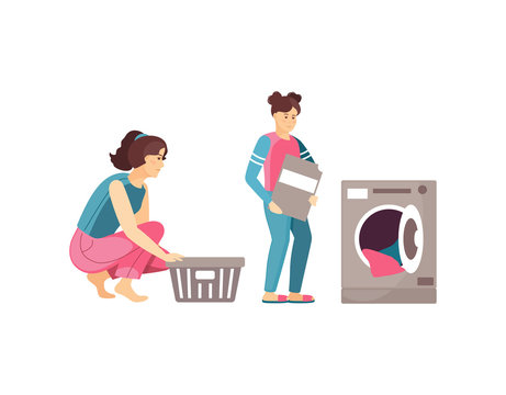 Housewife woman carrying dirty clothes for washing