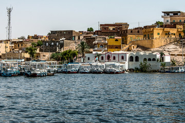 Marina Philae EGYPT 20.05.2018 Tourists boats to Philea temple UNESCO project moved temple because of the Aswan Dam