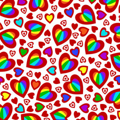 Stylized rainbow hearts. Texture. Valentine's Day. Hearts with a red contour and a central part with rainbow colors. Design element. Vector illustration.