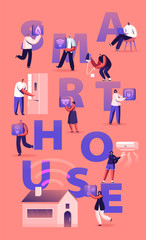 Smart House Concept. People Using Artificial Intelligence Technology and Internet of Things Application Services for Control Home Devices Poster Banner Flyer Brochure. Cartoon Flat Vector Illustration