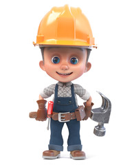 3D illustration funny boy in construction helmet and overalls/3D illustration Construction worker in overalls with a hammer and a screwdriver