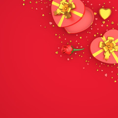 Fototapeta na wymiar Happy Valentines Day, Rose flower heart shape gift box , gold confetti glitter on red background. Greeting card, flat lay, banner, layout, copy space text area. 3D rendering illustration.
