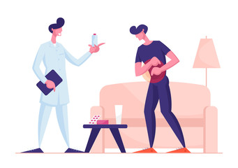 Health Care Concept. Home Doctor Visiting Sick Man Feel Pain in Stomach. Food Poisoning, Digestive Tract Indigestion, Stomachache Pain. Male Character Abdominal Ache Cartoon Flat Vector Illustration