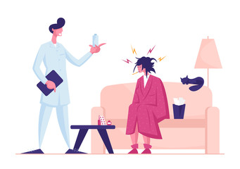 Doctor Visiting Sick Patient at Home Giving Medicine for Treatment. Unhappy Weak Woman with Thermometer in Mouth Sitting on Couch Need Taking Pills for Recovery. Cartoon Flat Vector Illustration