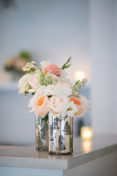 Table Flowers In Silver Vase