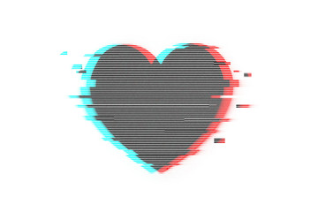 Heart with glitch effect on white background.