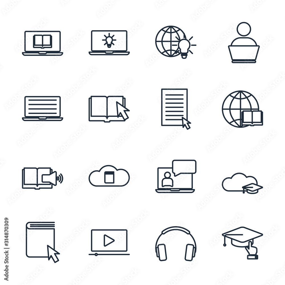 Aufkleber set online education element icon template color editable. e-learning pack symbol vector sign isolat