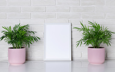 blank white frame and house plant in pink flowerpots on a shelf near a white brick wall. Modern home decor. horizontal image