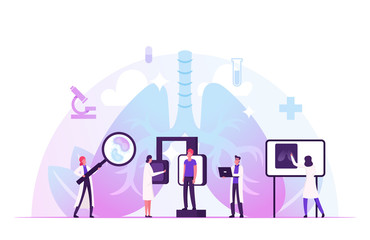 Fluorographic Examination in Pulmonology Department in Clinic. Lungs X-ray Medical Diagnostics Checkup. Doctor Research Pathology on Scan Image for Patient Diagnosis Cartoon Flat Vector Illustration