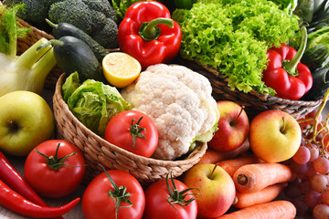 Composition with assorted organic vegetables and fruits