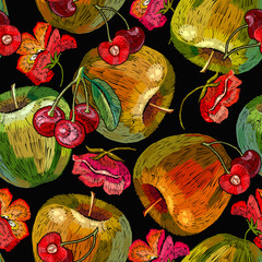 Embroidery apples, red poppies flowers and cherry, seamless pattern. Fruit art. Fashion summer template for clothes, textiles