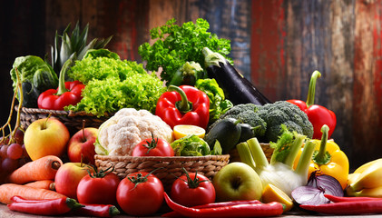 Composition with assorted organic vegetables and fruits