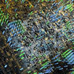 Circuit board futuristic server code processing. Multicolor technology background. 3d rendering