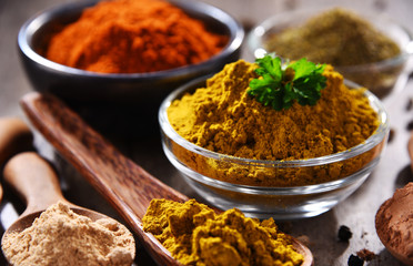 Variety of spices on kitchen table