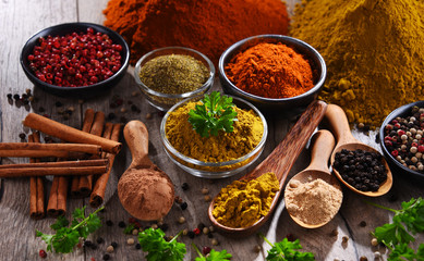 Variety of spices on kitchen table