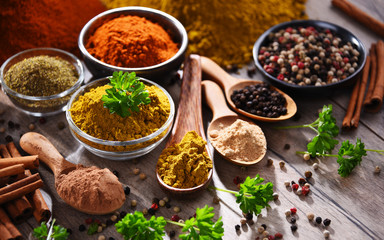 Variety of spices on kitchen table