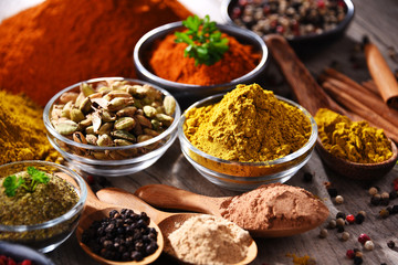 Variety of spices on kitchen table