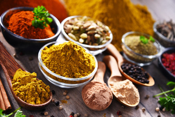 Variety of spices on kitchen table