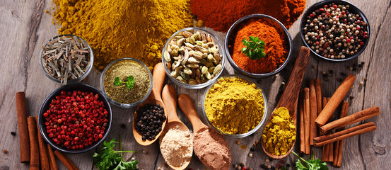 Variety of spices on kitchen table